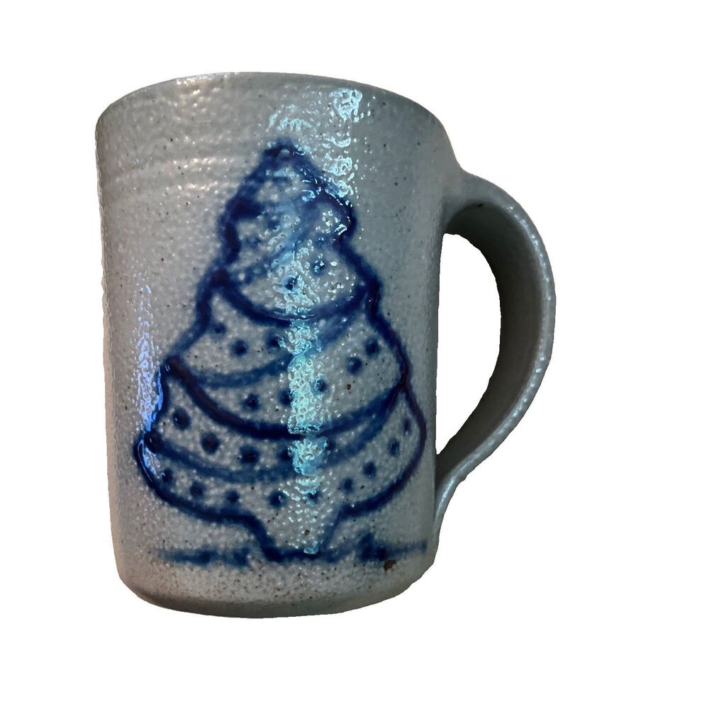 Eldreth Pottery Mug Salt Glazed Handmade Art Stoneware Blue Gray Signed Tree